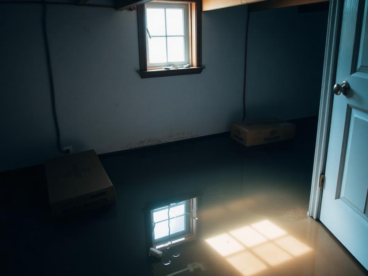 Standing floodwater across the floor of a finished residential basement