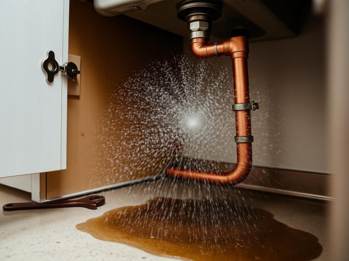 Burst copper supply pipe spraying water inside a kitchen cabinet