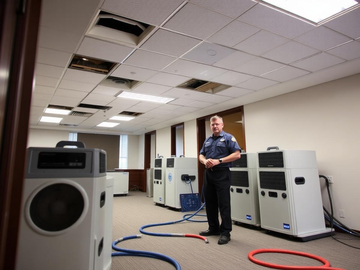 Commercial dehumidifiers drying an office interior with ceiling tiles removed