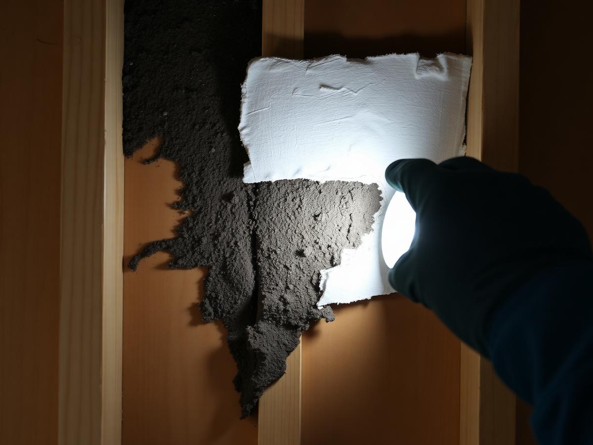 Mould growth on wall framing exposed behind removed drywall
