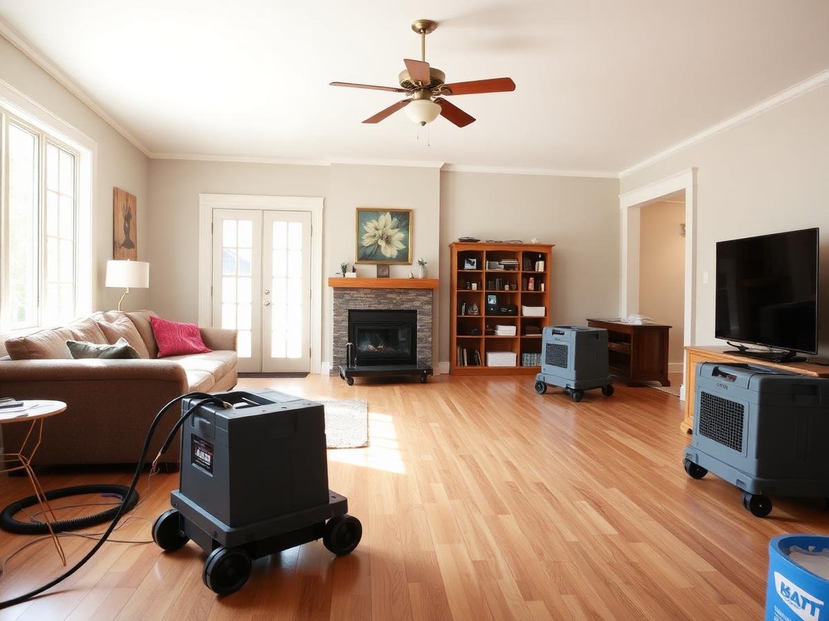 Dried and restored living room with drying equipment being removed after water damage