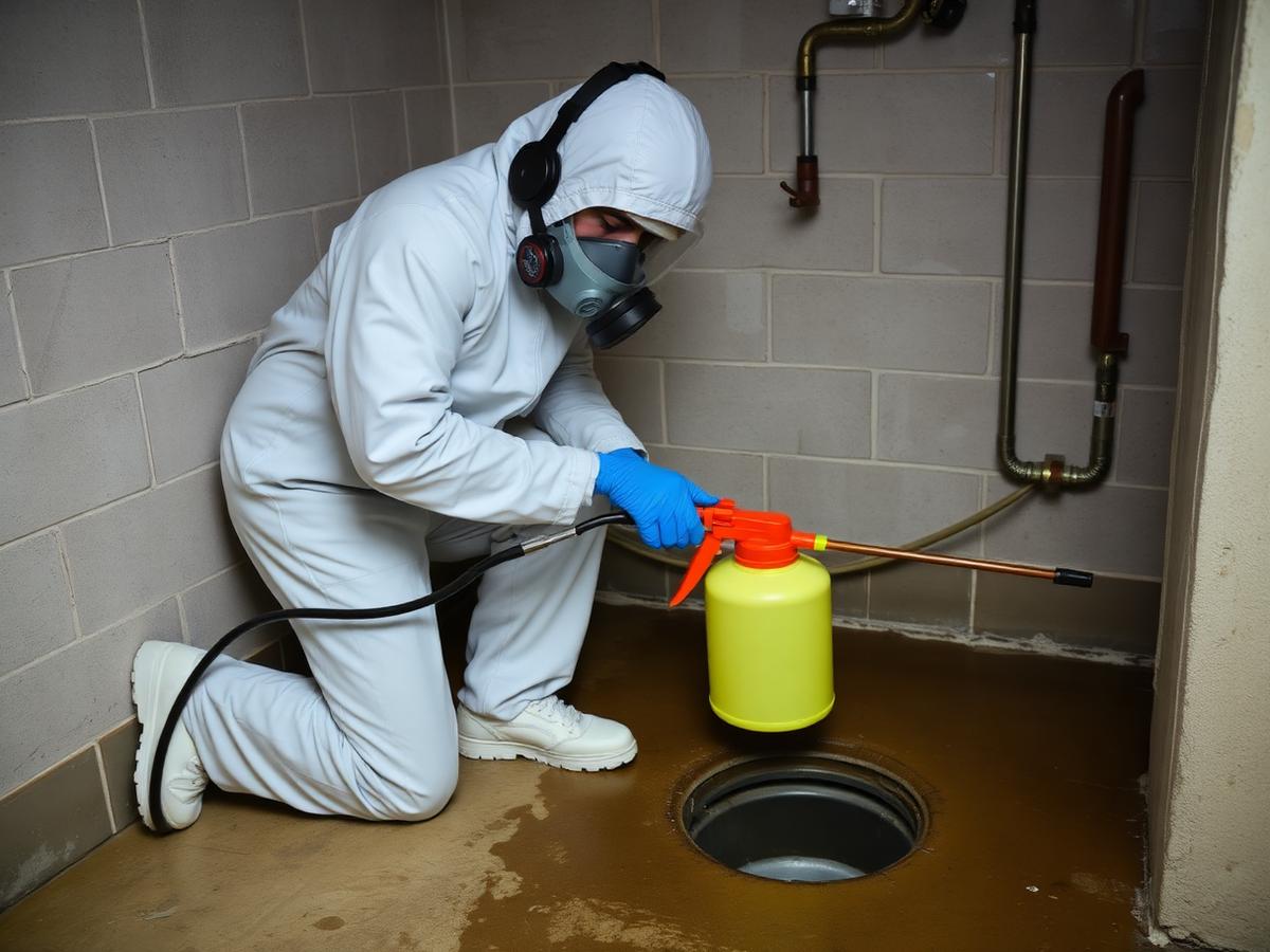 Technician in protective coveralls disinfecting a basement floor drain area